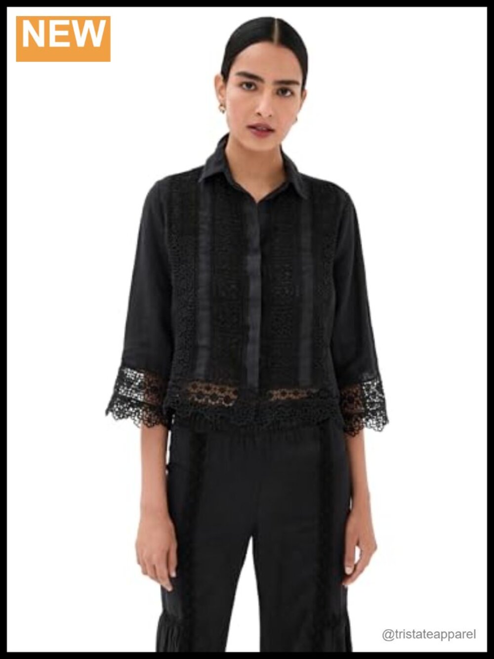 Linen Crochet Lace Trim Collared 3/4 Sleeve Blouse